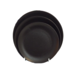Stack of black round bowls nested inside each other, viewed from above.