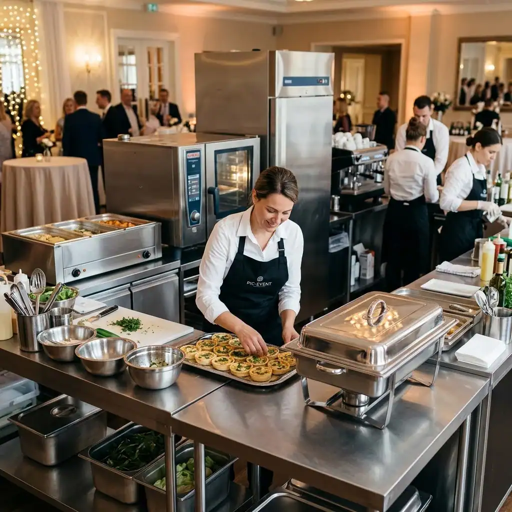 Traiteur préparant un buffet avec du matériel de cuisine professionnel Pic-Event