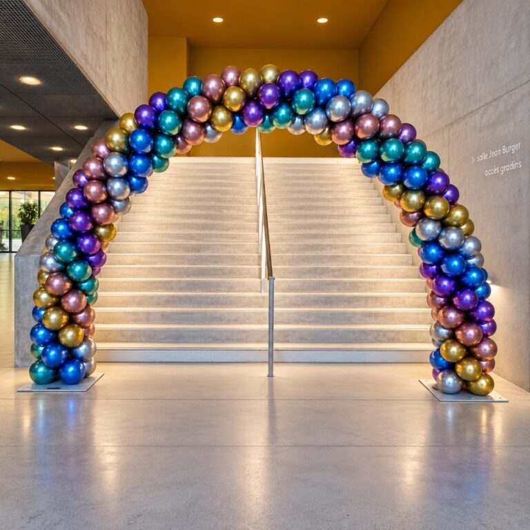 Arche de ballons chromés métallisés prestige sur escalier monumental - Gala et soirée officielle Metz Luxembourg