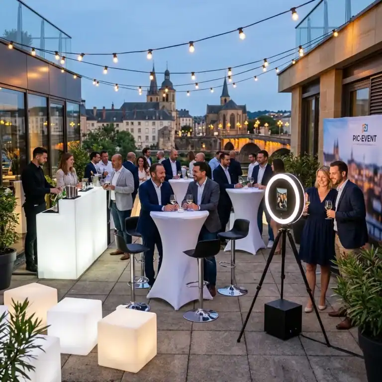 Afterwork d'entreprise sur terrasse avec mange-debout, mobilier lumineux et photobooth Pic-Event, vue sur Luxembourg-Ville