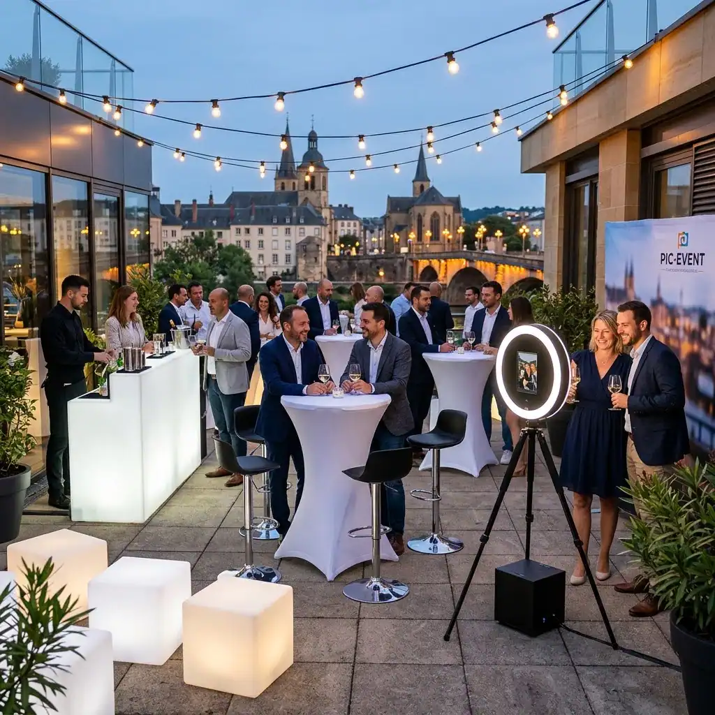 Afterwork d'entreprise sur terrasse avec mange-debout, mobilier lumineux et photobooth Pic-Event, vue sur Luxembourg-Ville