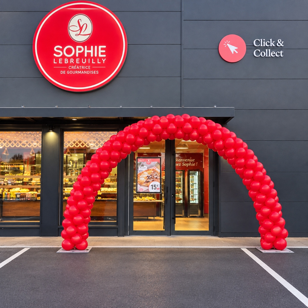 Arche de ballons rouge boulangerie Sophie Lebreuilly