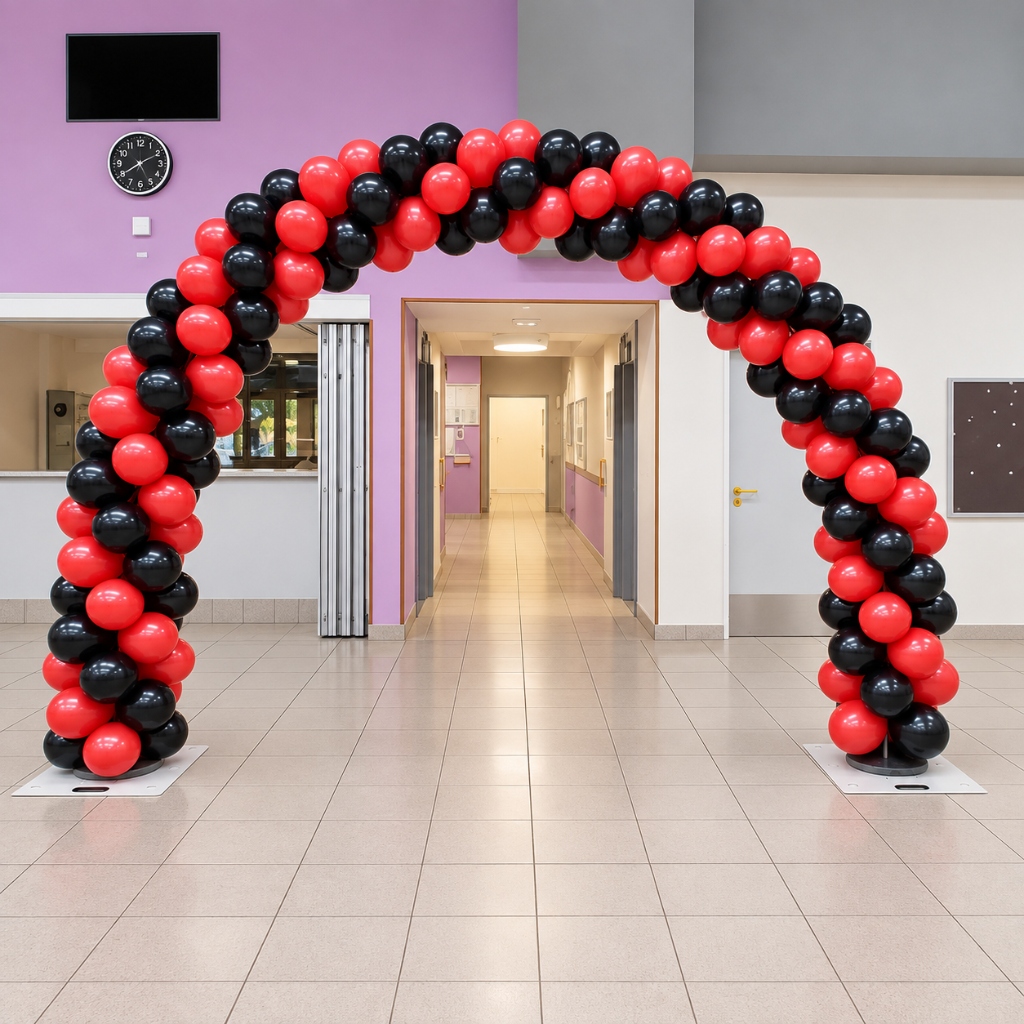 Arche de ballons noir et rouge bâtiment professionnel