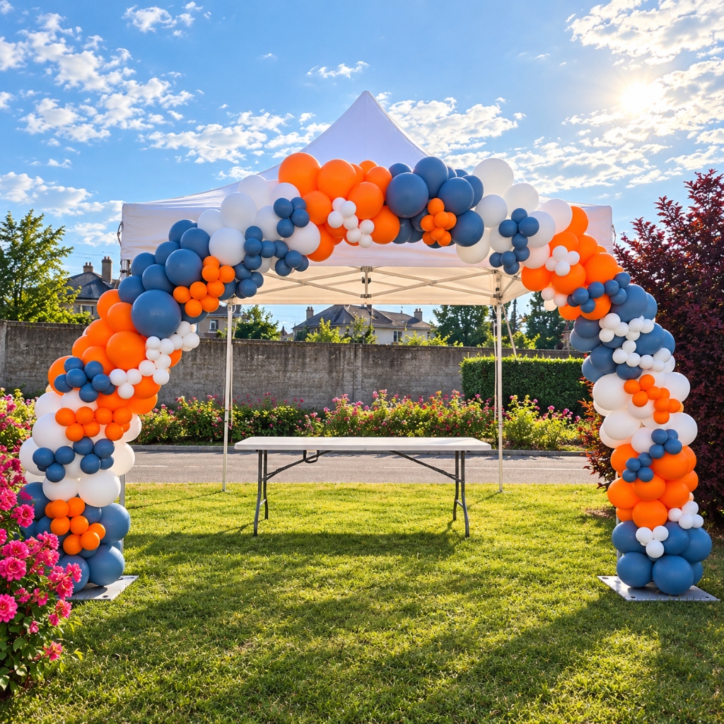 Arche de ballons sous tente de réception extérieure