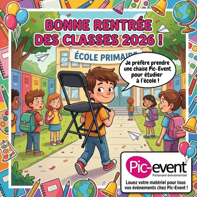Illustration humoristique Bonne rentrée des classes 2026 Pic-Event, enfant avec une chaise Pic-Event en guise de cartable